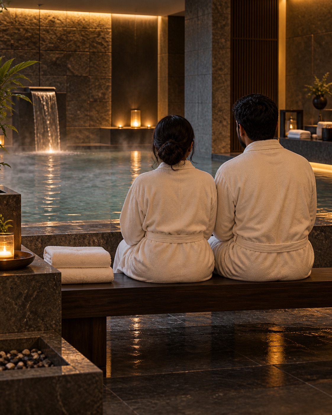 Conceptual South Asian couple in modest spa robes beside an indoor spa pool