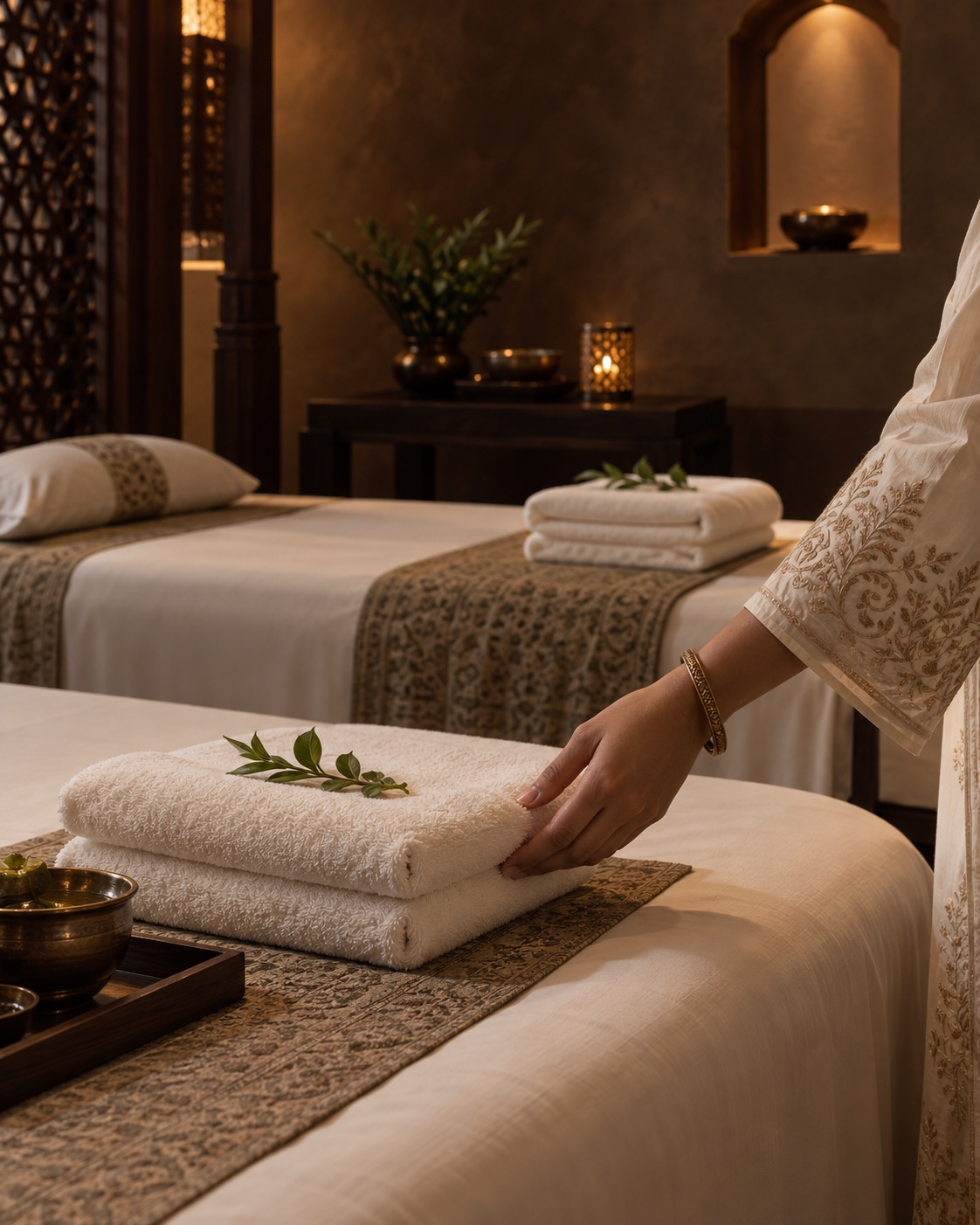 Conceptual Sundari-inspired hand preparing linen in a private suite
